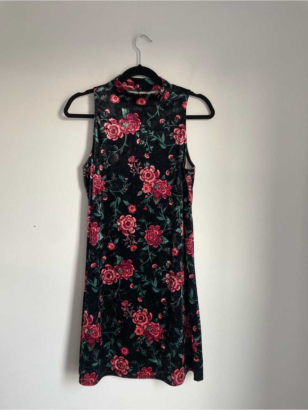 Black Pink Floral Velvet Mock Neck Sleeveless Shift Dress L Dark Romantic